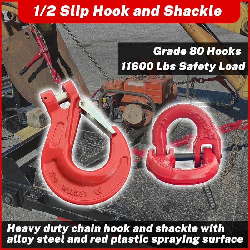 HENBOW 1/2" Clevis Slip Hook and Chain Connector Link,G80 Tow Trailer Safety Hook and Hammerlock Coupling Link,11600Lbs Working Load Limit for Lifting&Towing，Red(2 Hooks and 1 2onnector Link) - Image 2